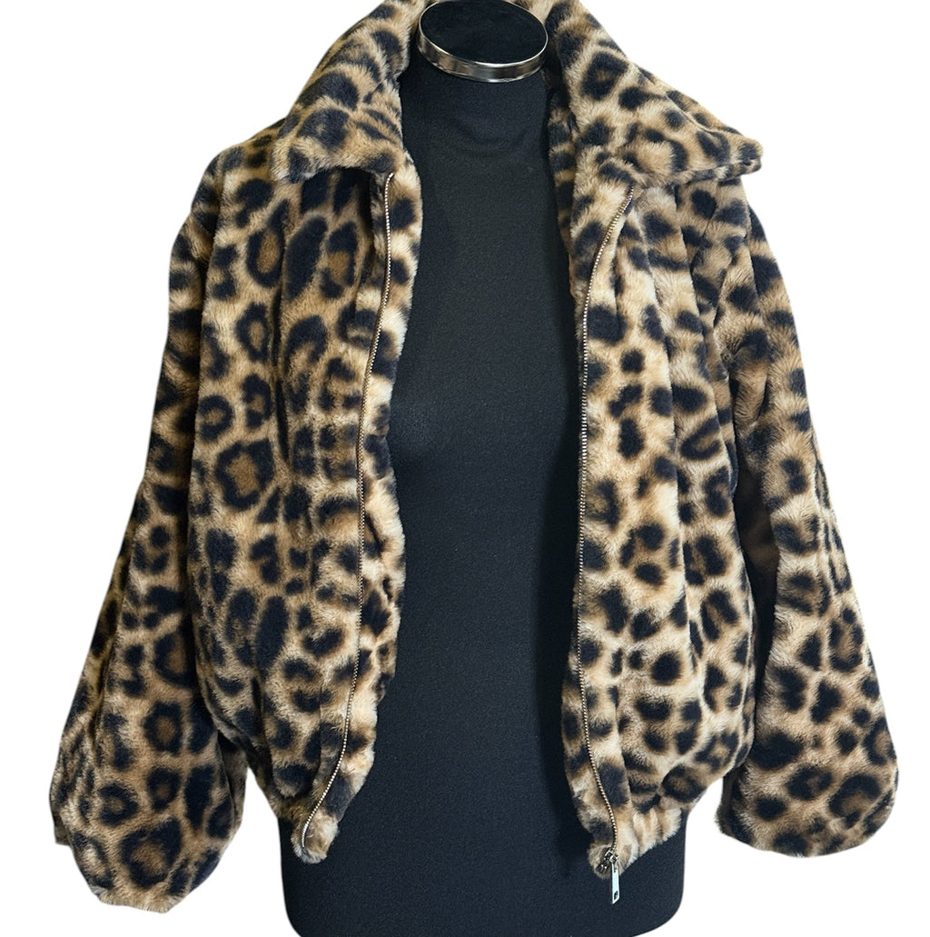 Leopard Kunstfelljacke mit Reißverschluss