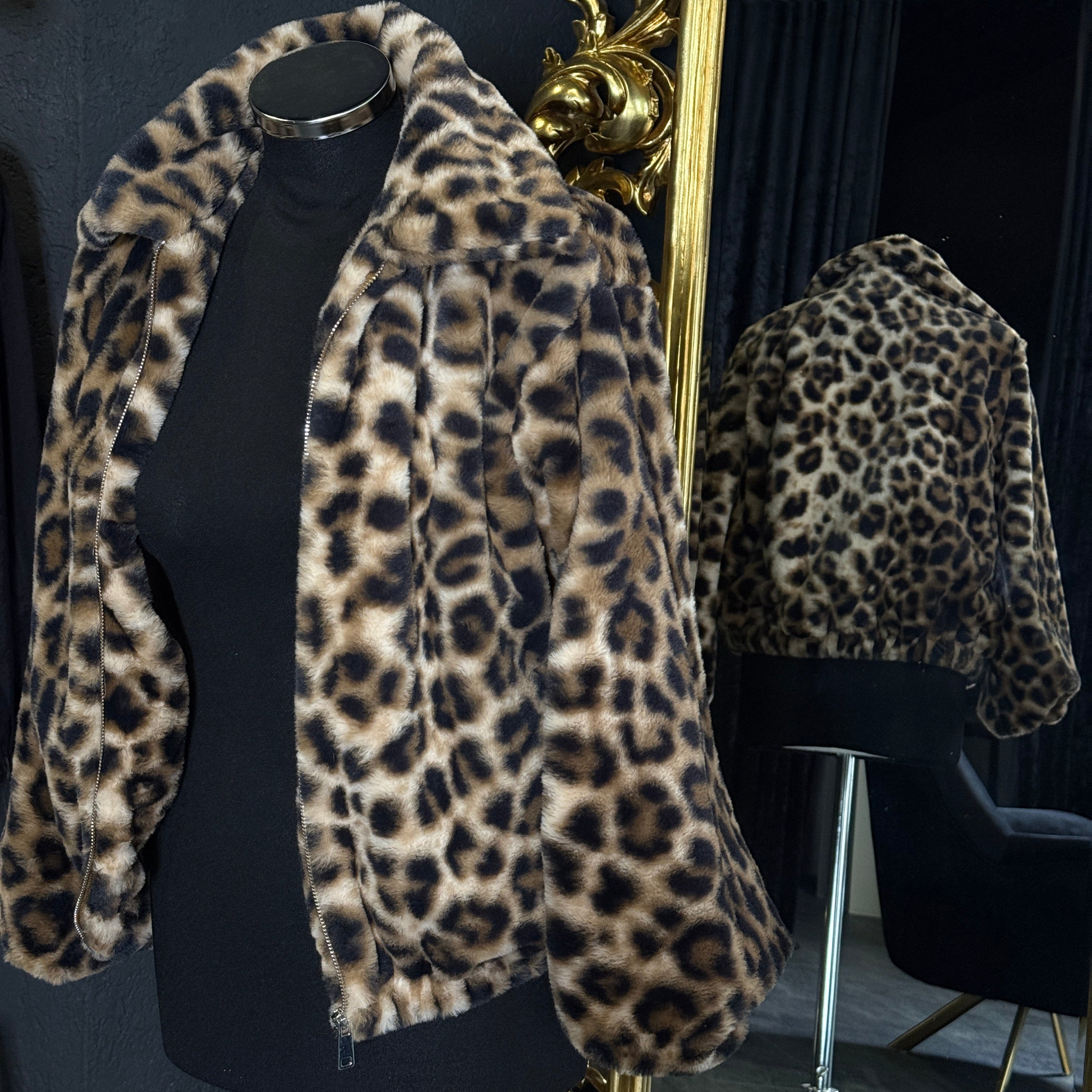 Leopard Kunstfelljacke mit Reißverschluss