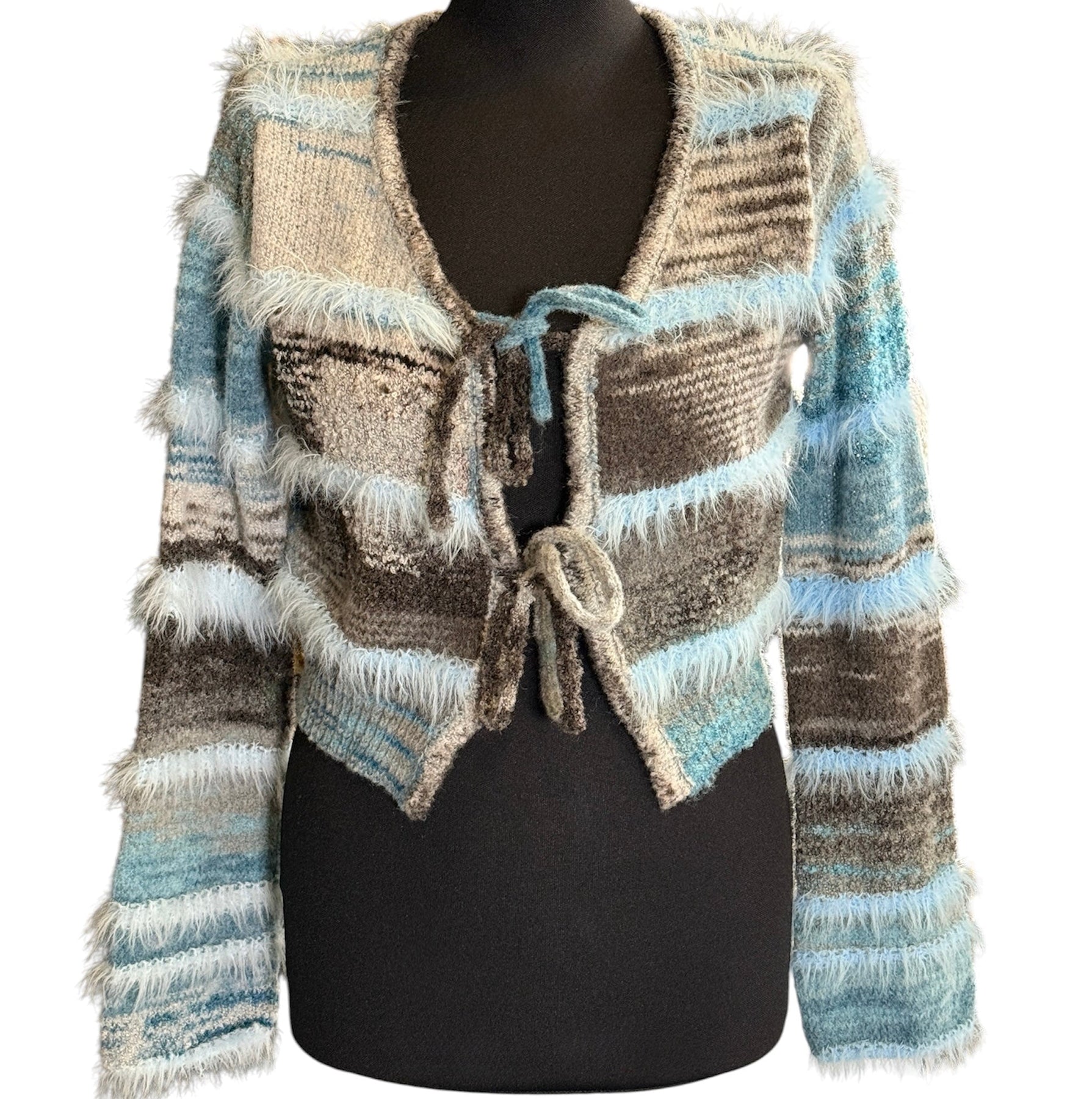 Cropped Flausch-Strickjacke in Blau-Grau