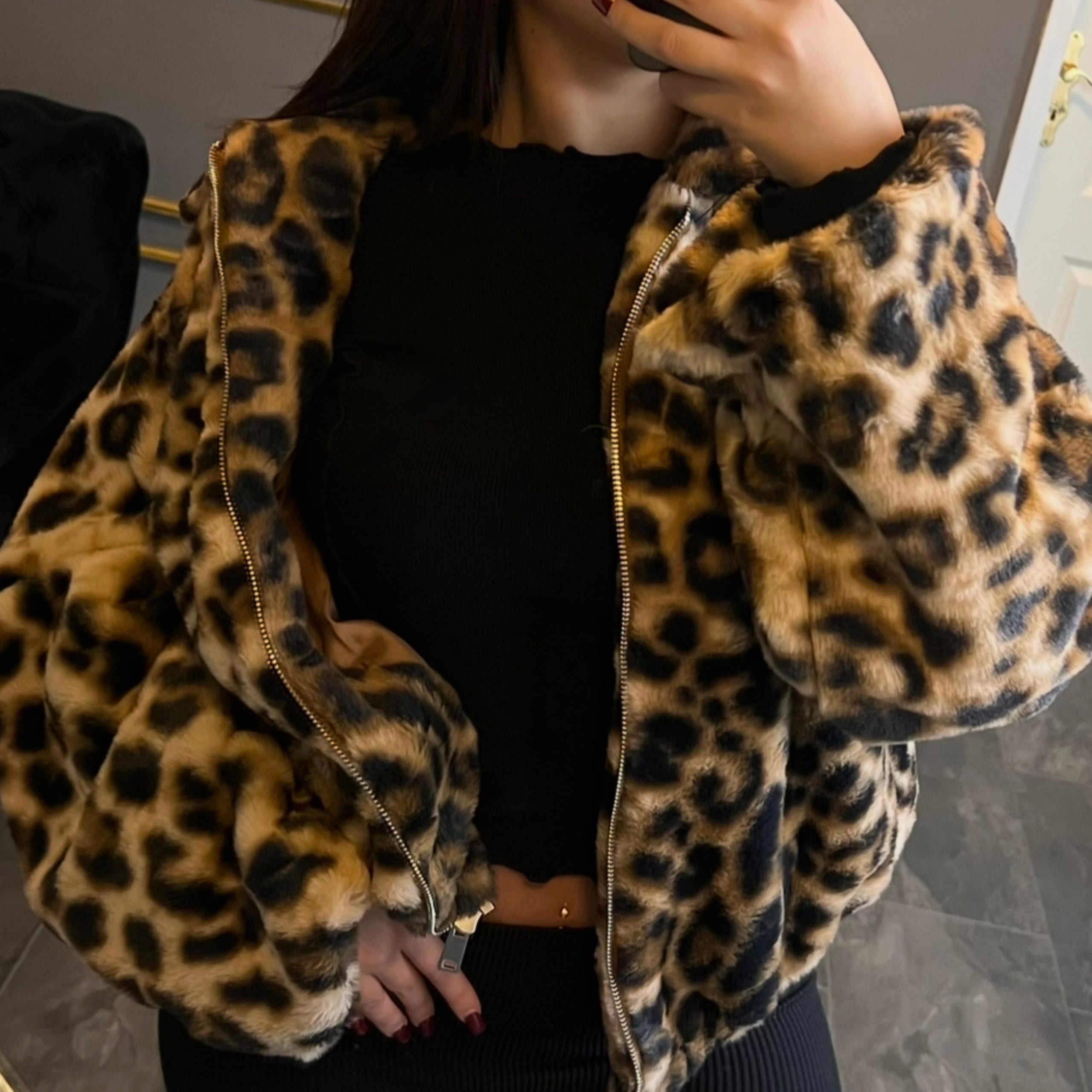Leopard Kunstfelljacke mit Reißverschluss