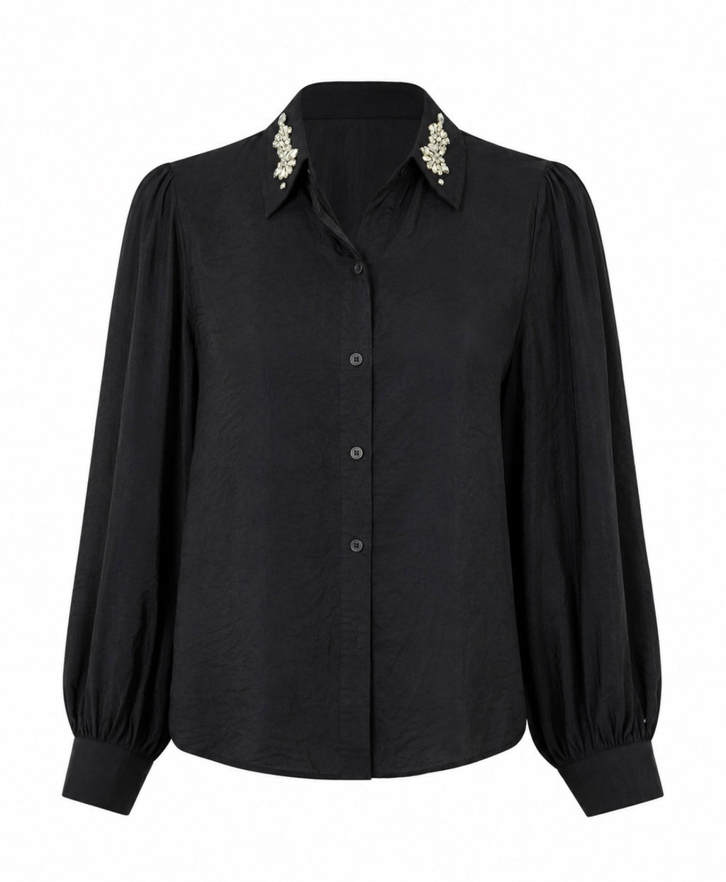 Schwarze Bluse mit Schmuckkragen & Puffärmeln