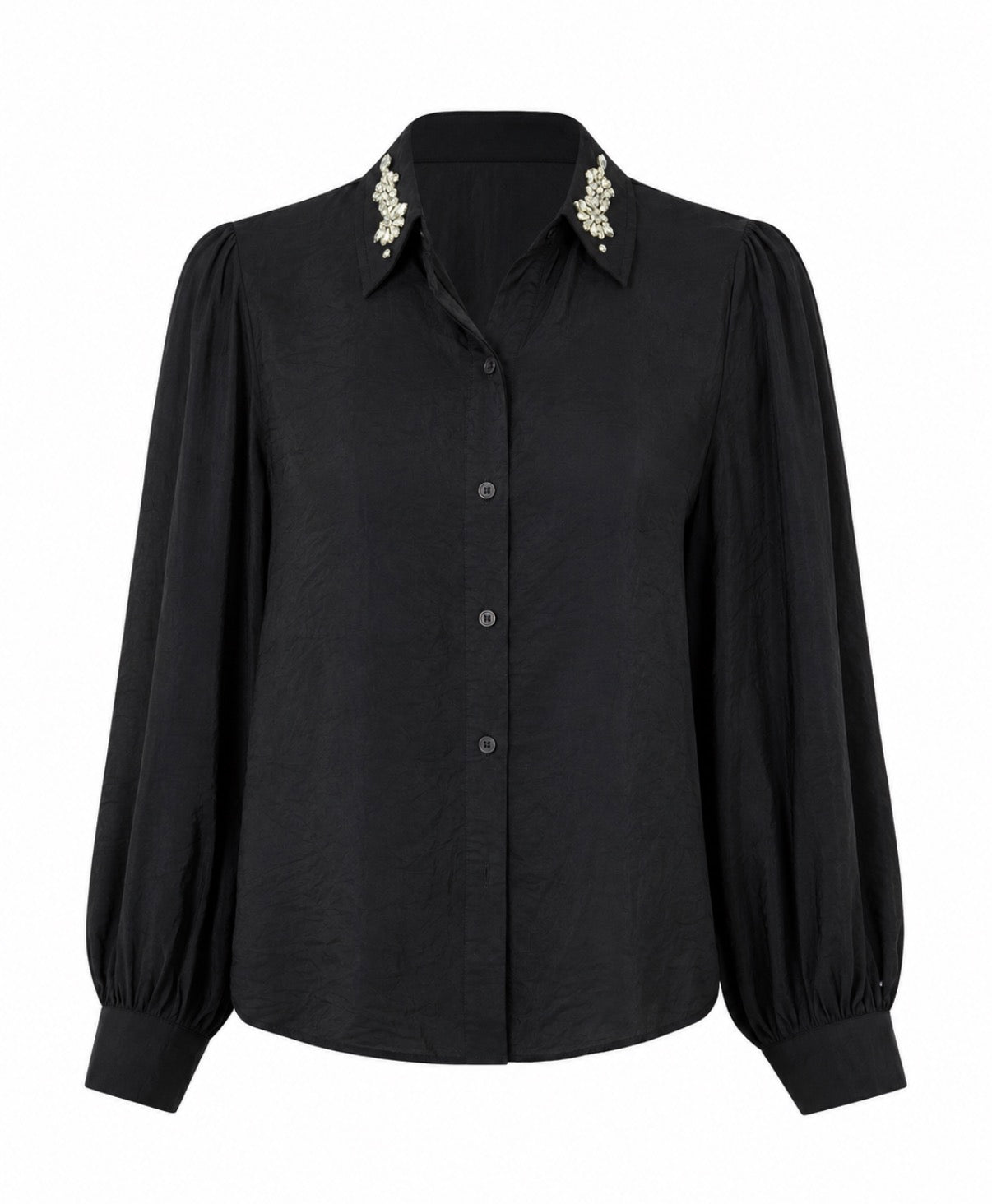 Schwarze Bluse mit Schmuckkragen & Puffärmeln